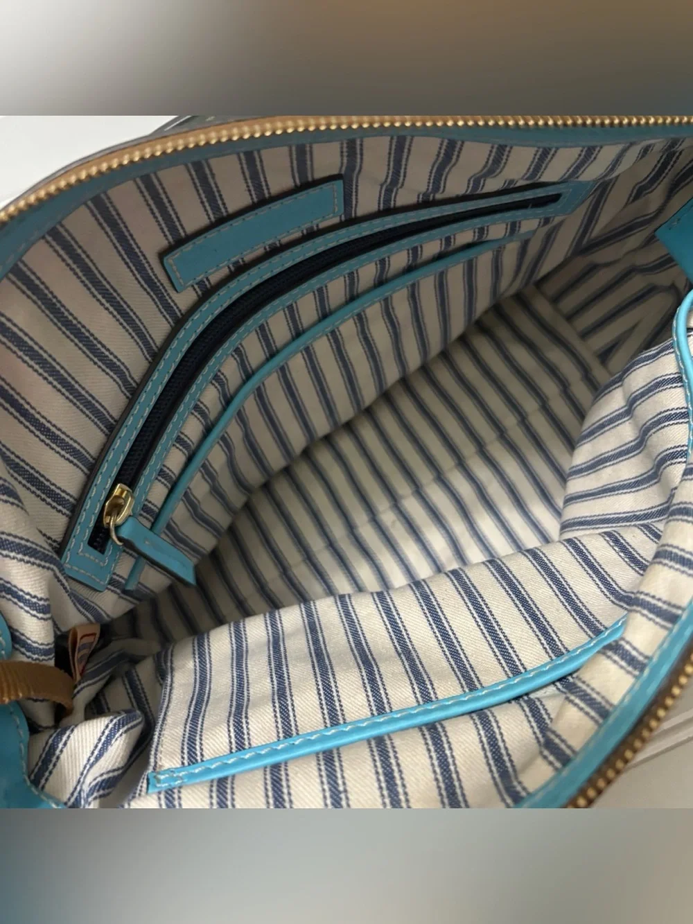 Dooney & Bourke Blue Leather Brown Woven Domed Satchel Shoulder Bag Purse Tote